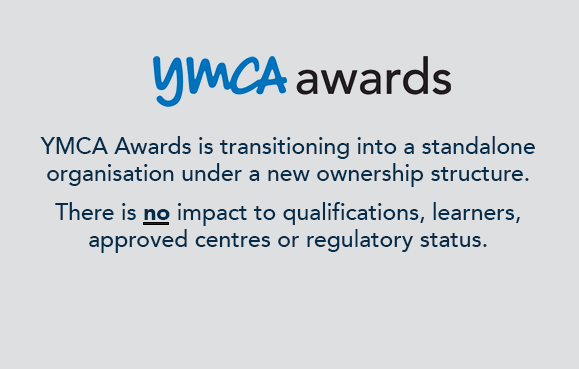 Text on a gray background announces YMCA Awards' transition to a standalone organization, assuring no impact on qualifications or learners.
